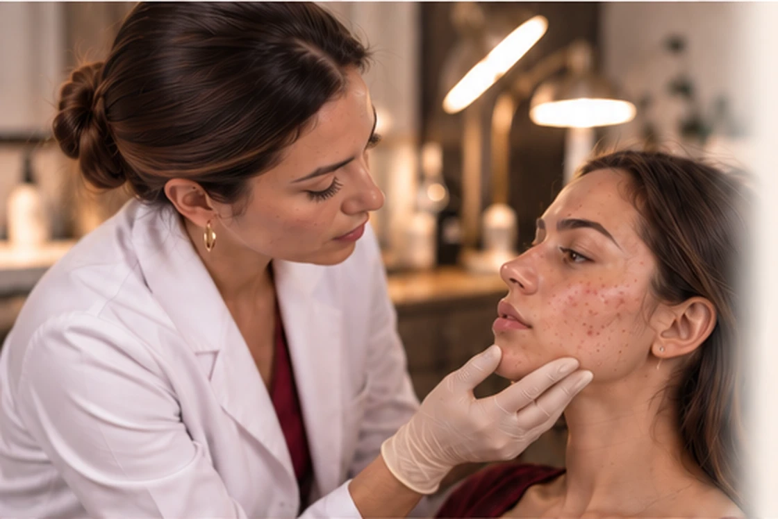 Profesional estética evaluando la piel de una paciente con acné